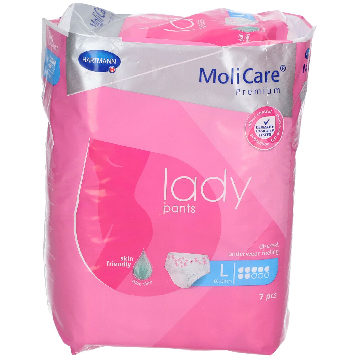 Emballage rose MoliCare® Premium Lady Pants. Inscription: Lady Pants, L, 7 pièces. Avec sceau testé dermatologiquement.