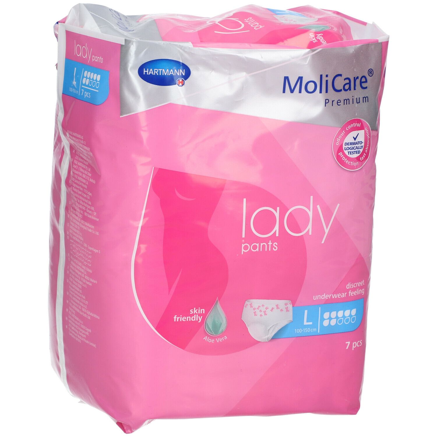 Emballage rose MoliCare® Premium Lady Pants. Inscription: Lady Pants, L, 7 pièces. Avec sceau testé dermatologiquement.