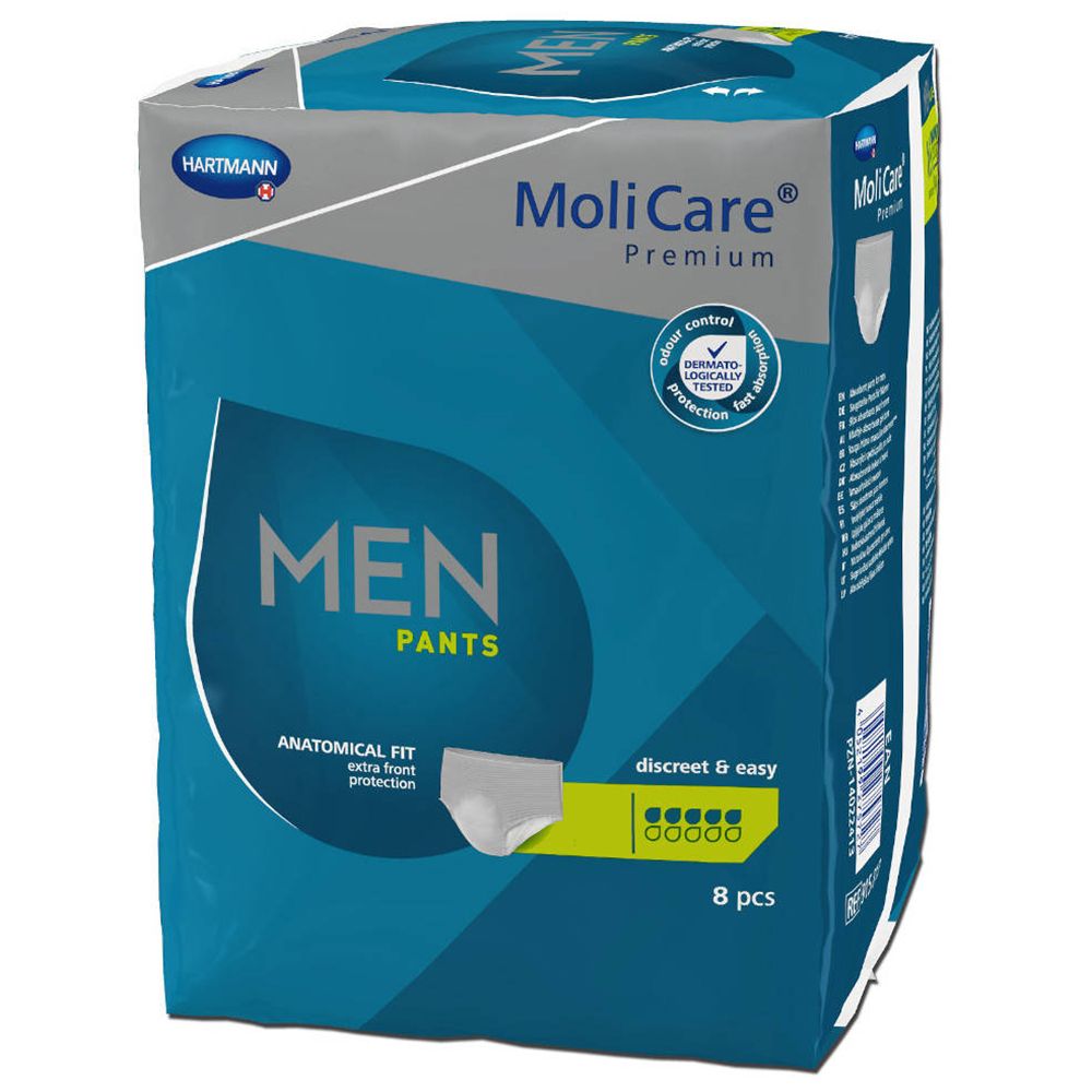 MoliCare Premium MAN Pants, Packung. Anatomische Passform, extra Schutz. 8 Stück. Marke Hartmann.