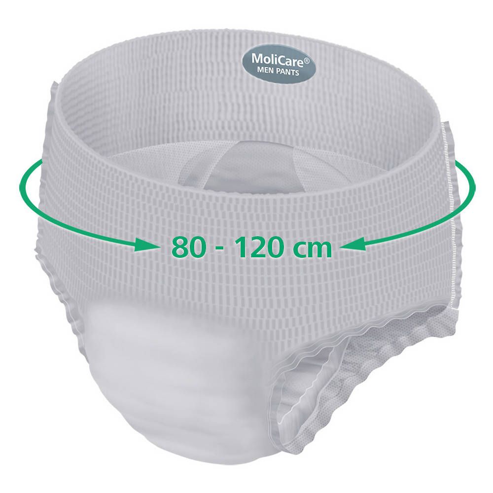 MoliCare Premium MAN Pants. Weiß, mit grüner Größenskala 80-120 cm. Anatomische Form.
