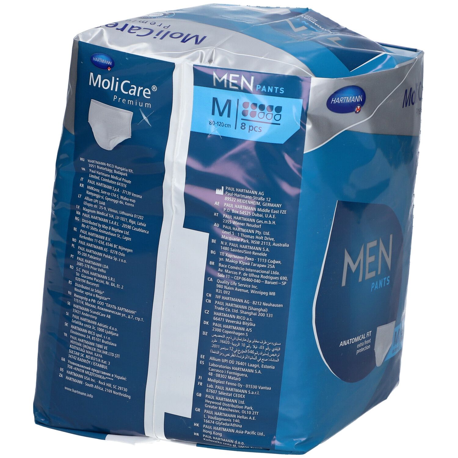 Paquet de MoliCare Premium Men Pants, taille M, 8 pièces. Coupe anatomique, protection extra. Informations produit au dos.