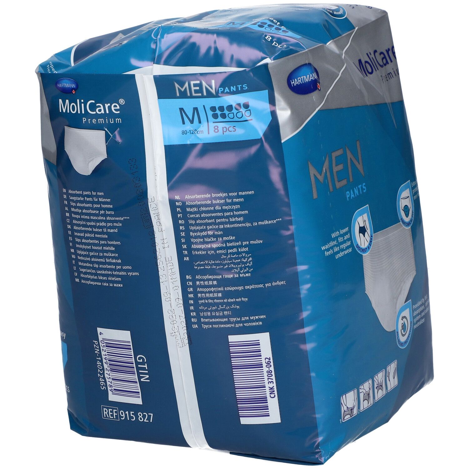 Paquet de MoliCare Premium Men Pants, taille M, 8 pièces. Coupe anatomique. Informations et illustrations au dos.