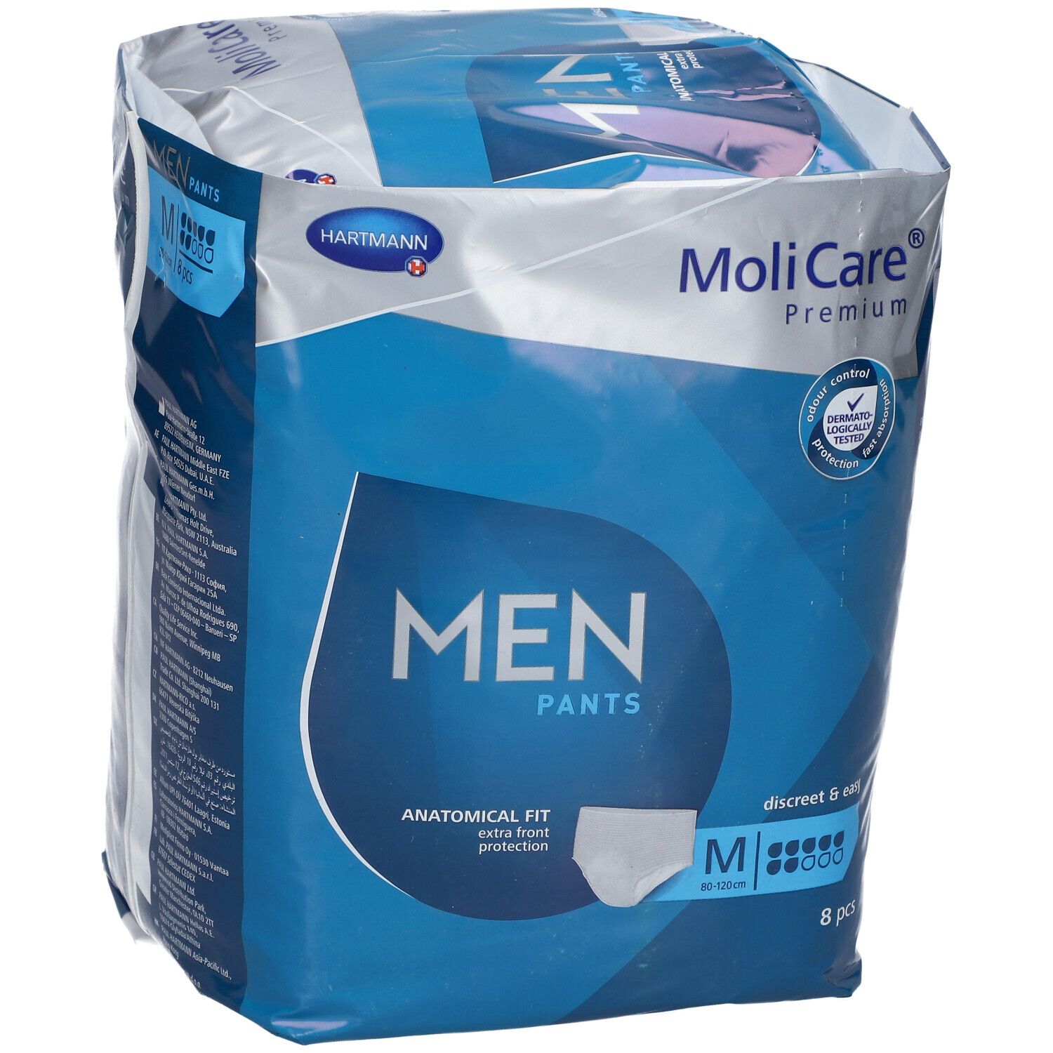 Paquet de MoliCare Premium Men Pants, taille M, 8 pièces. Coupe anatomique, protection extra. Testé dermatologiquement.
