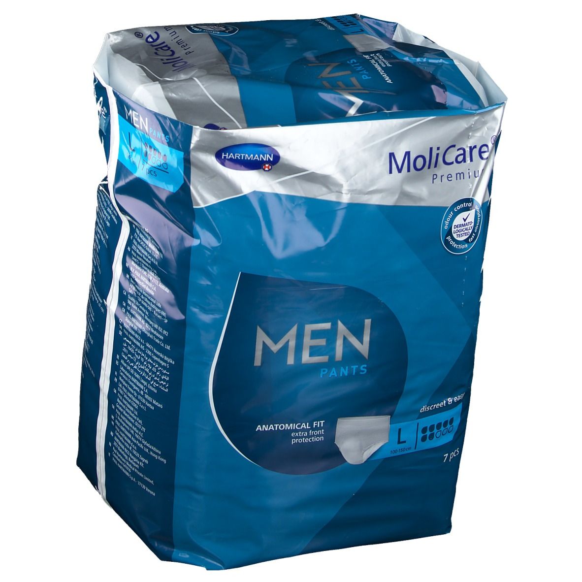 Verpakking MoliCare Premium MAN Pants, maat L, 7 stuks. Anatomische pasvorm, discreet en gemakkelijk.