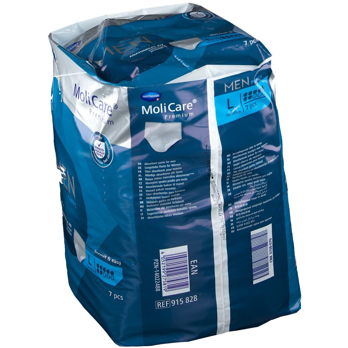 Achterkant van de verpakking MoliCare Premium MAN Pants, maat L, 7 stuks. Met ritssluiting.