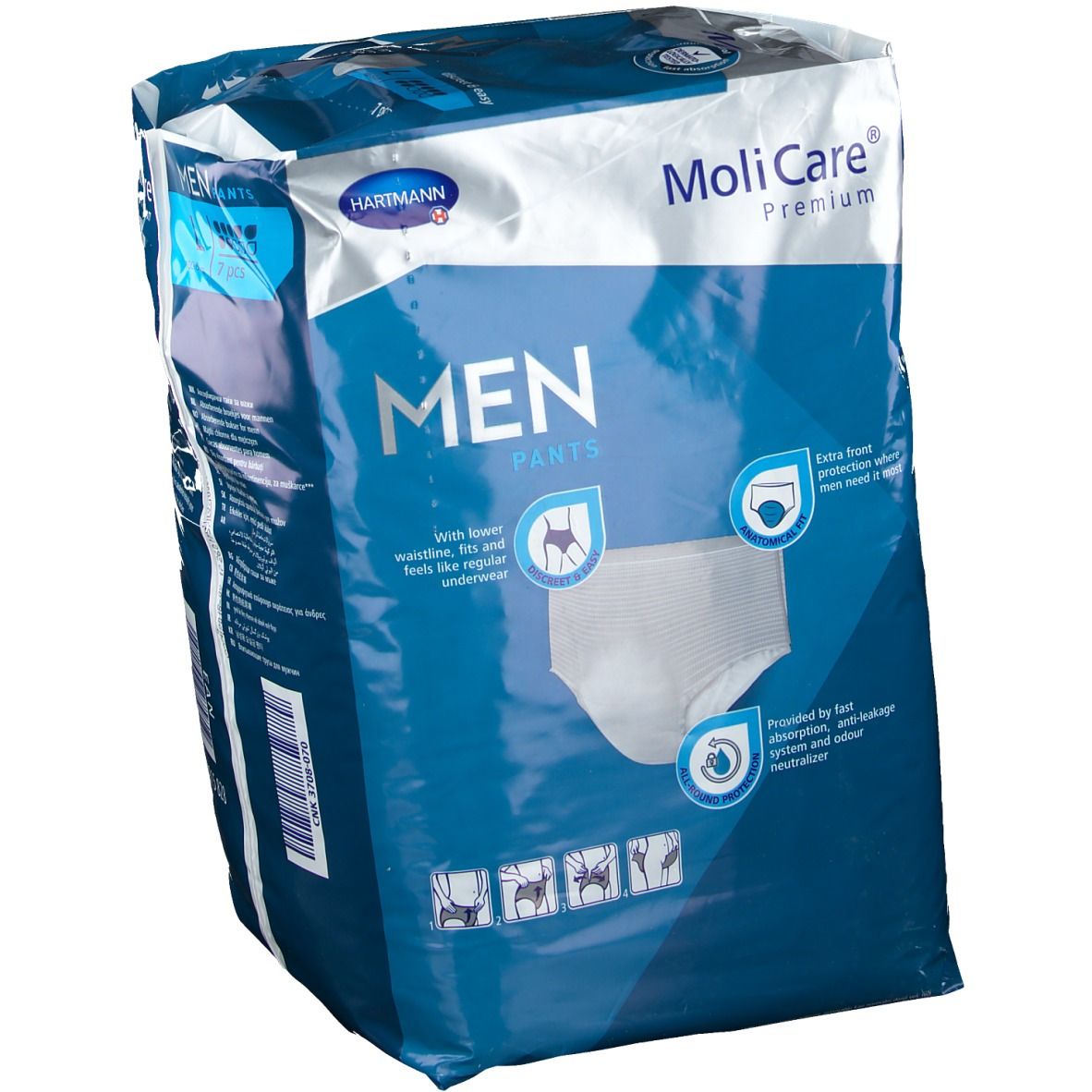 Verpakking MoliCare Premium MAN Pants, maat L. Anatomische pasvorm. Met tailleband, voor mannen.