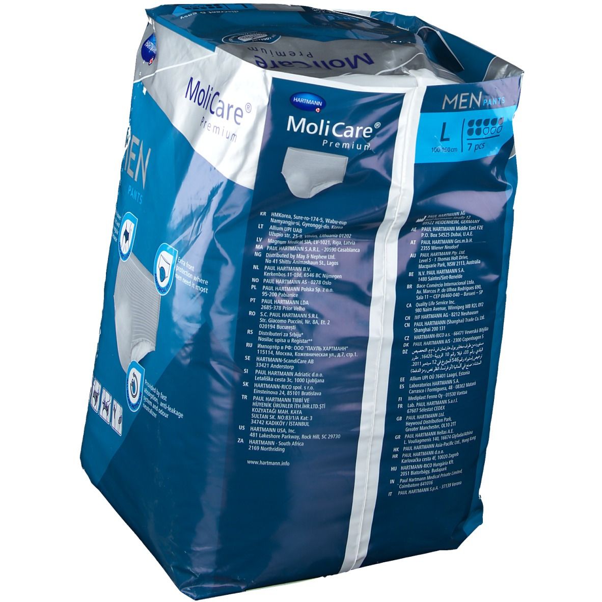 Achterkant van de verpakking MoliCare Premium MAN Pants, maat L, 7 stuks. Productinformatie.