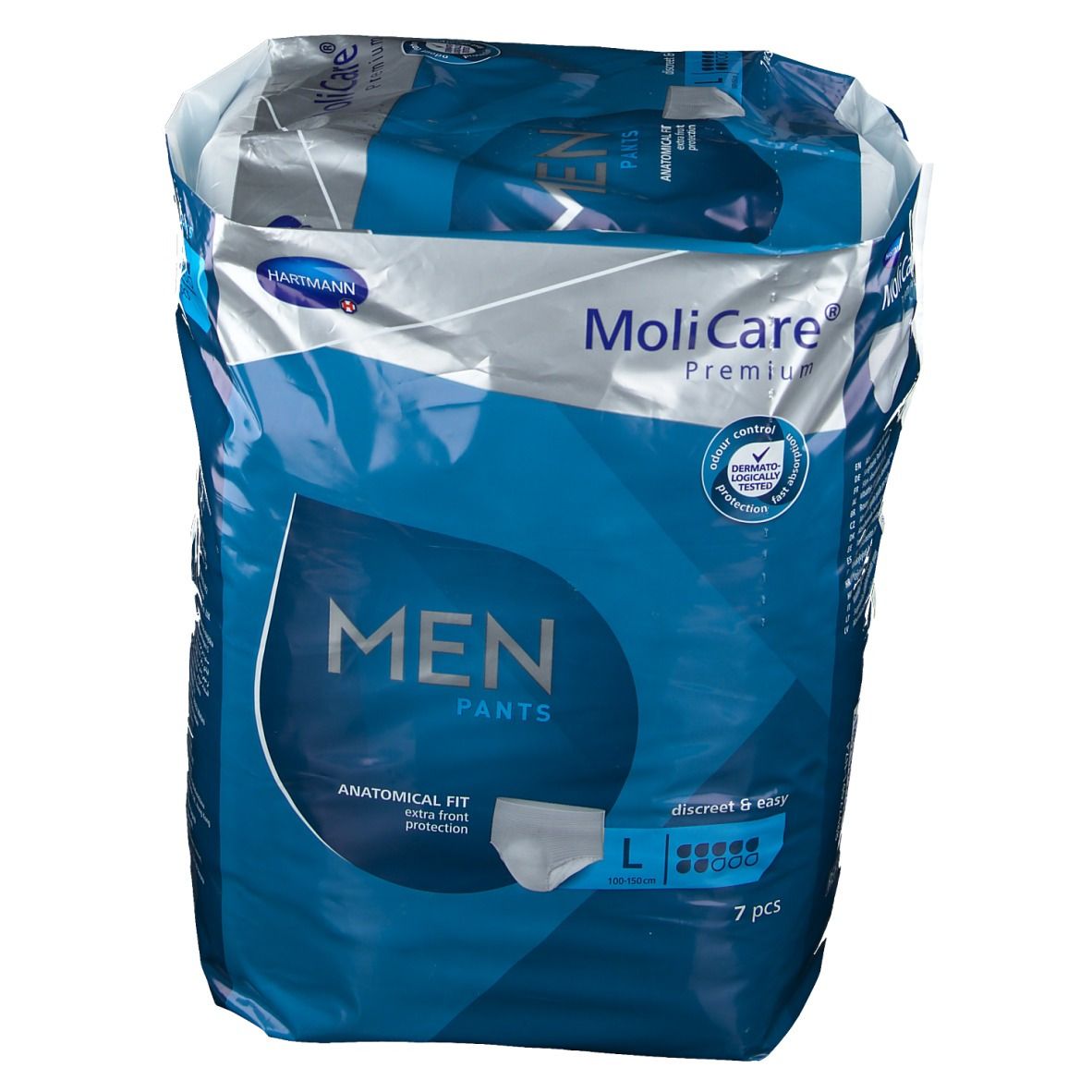 Verpakking MoliCare Premium MAN Pants, maat L, 7 stuks. Anatomische pasvorm, discreet en gemakkelijk.