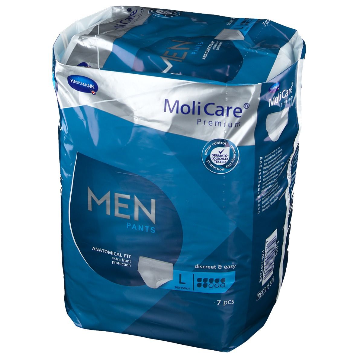 Verpakking MoliCare Premium MAN Pants, maat L, 7 stuks. Anatomische pasvorm, discreet en gemakkelijk.