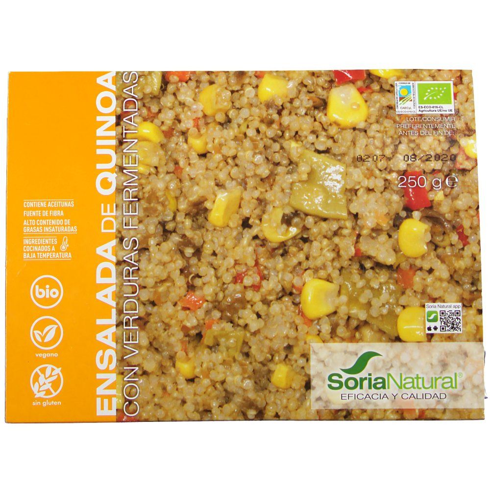 Emballage de Sorianatural Ensalada de Quinoa. Inscription: Ensalada de Quinoa con verduras fermentadas. Label bio.