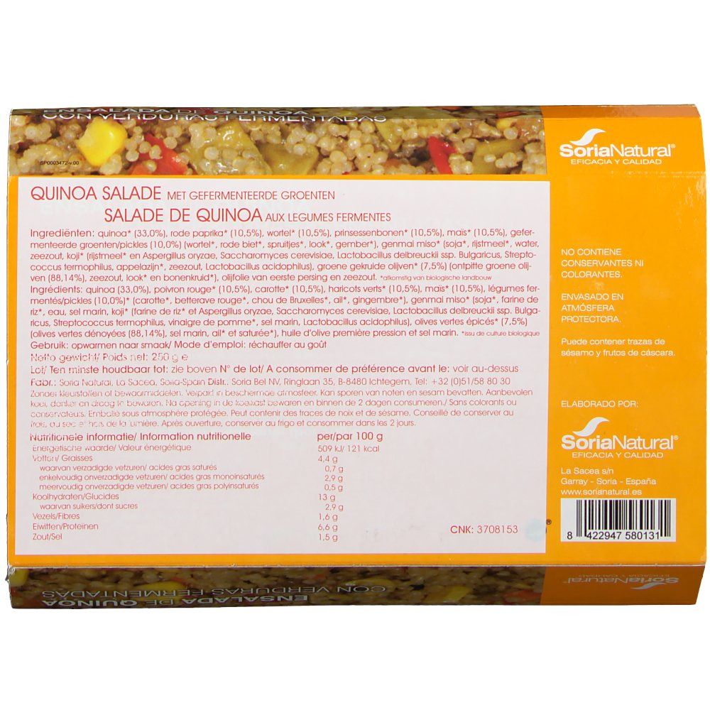 Dos de l'emballage de Sorianatural Ensalada de Quinoa. Liste des ingrédients, informations nutritionnelles et logo.