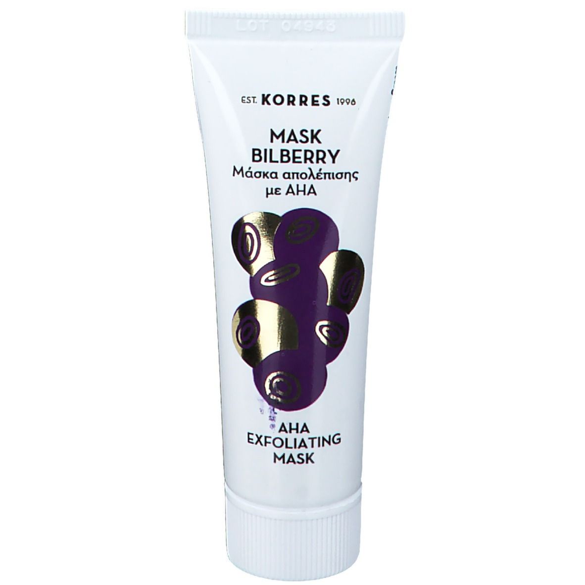 Weiße Tube mit Produktaufdruck. Aufschrift: KORRES, Mask Bilberry, AHA Exfoliating Mask. Abbildung von Blaubeeren.