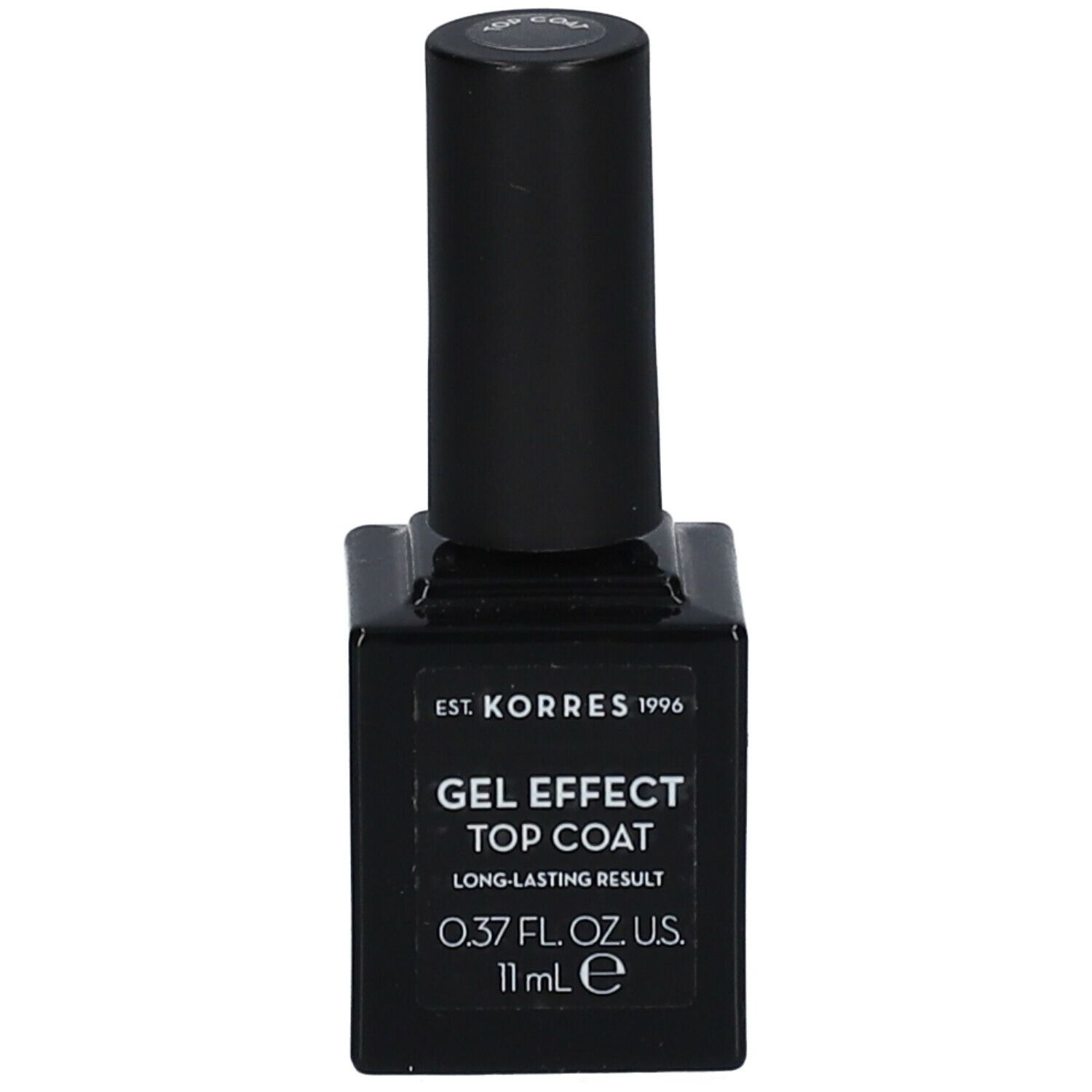 Korres Gel Effect Top Coat. Flacon noir avec bouchon noir. Inscription : Gel Effect Top Coat, 0.37 fl. oz. U.S., 11 ml e.
