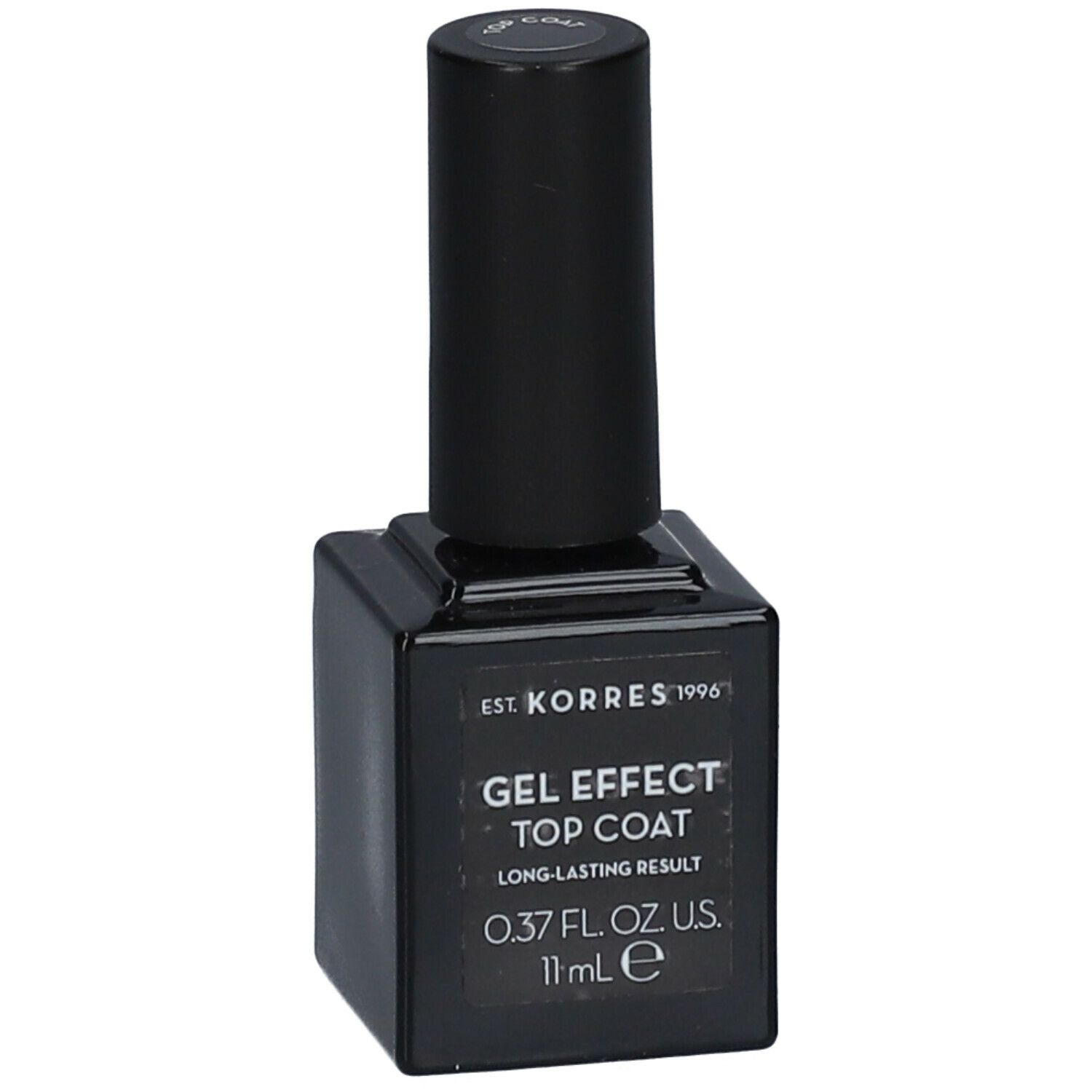 Korres Gel Effect Top Coat. Flacon noir avec bouchon noir. Inscription : Gel Effect Top Coat, 0.37 fl. oz. U.S., 11 ml e.