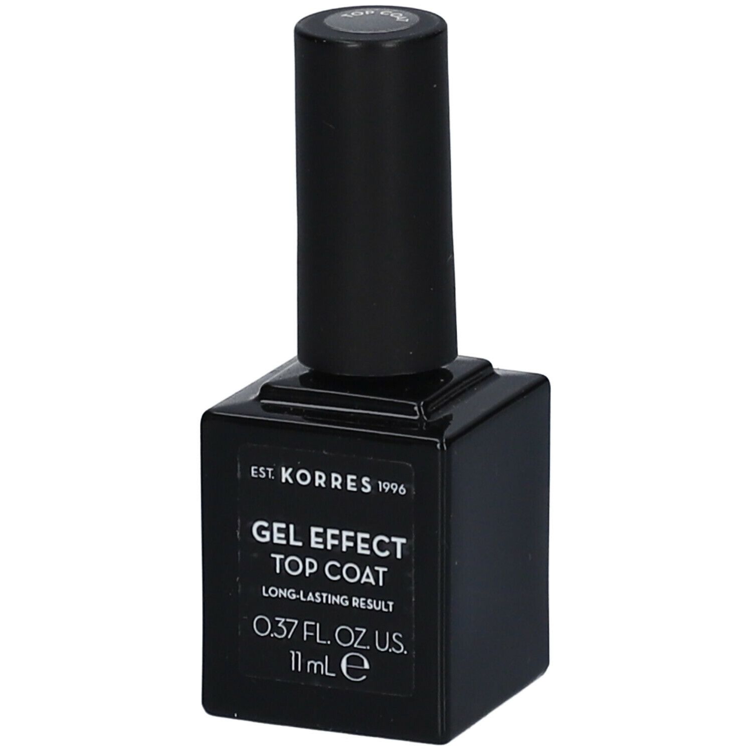 Korres Gel Effect Top Coat. Flacon noir avec bouchon noir. Inscription : Gel Effect Top Coat, 0.37 fl. oz. U.S., 11 ml e.