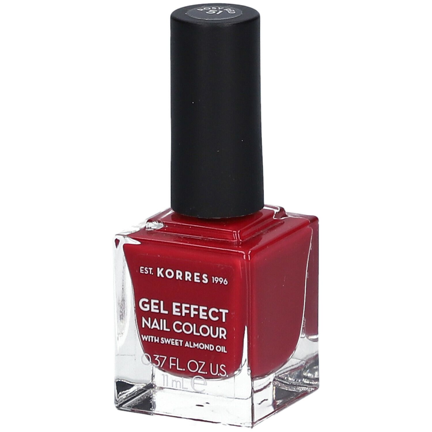 Vernis à ongles rouge en flacon carré en verre avec bouchon noir. Inscription : Gel Effect Nail Colour.