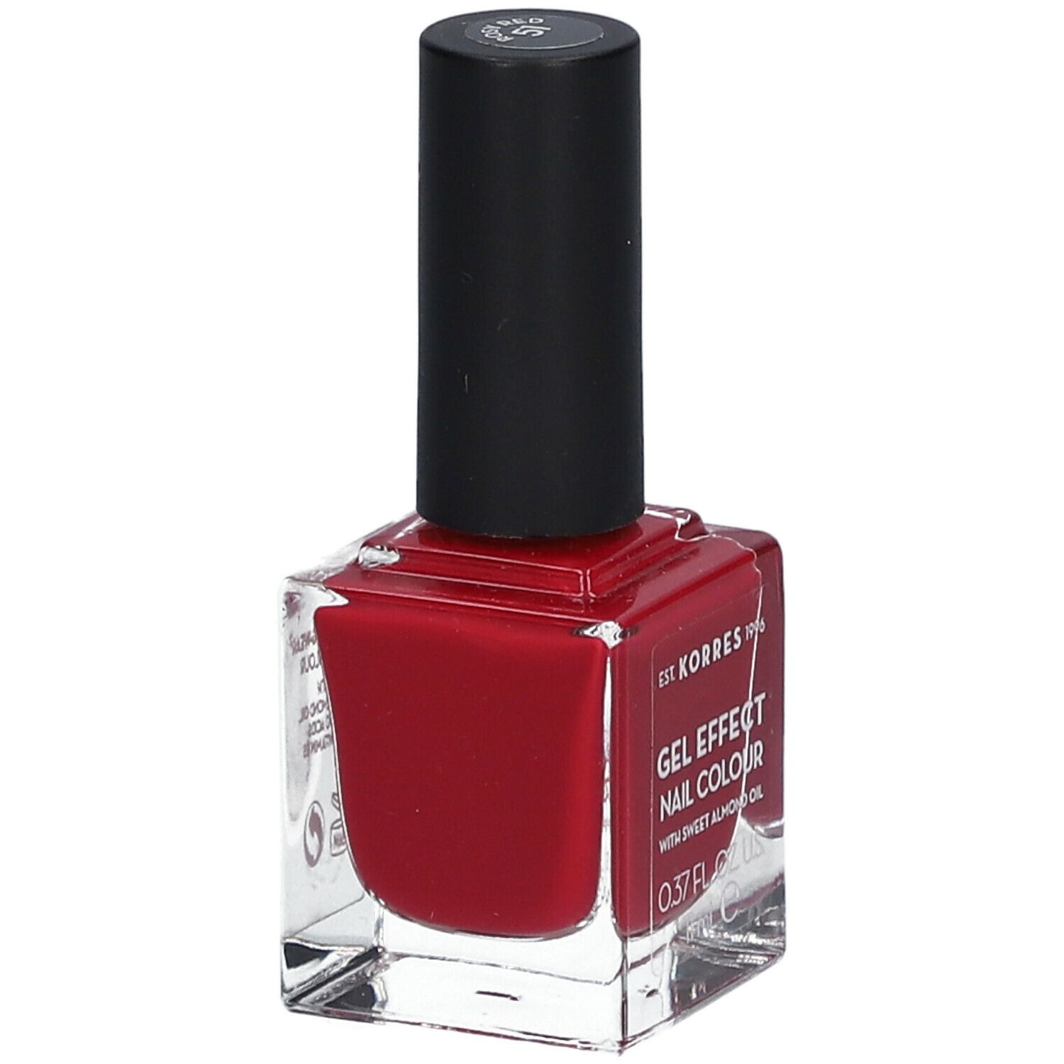 Vernis à ongles rouge en flacon carré en verre avec bouchon noir. Inscription : Gel Effect Nail Colour.