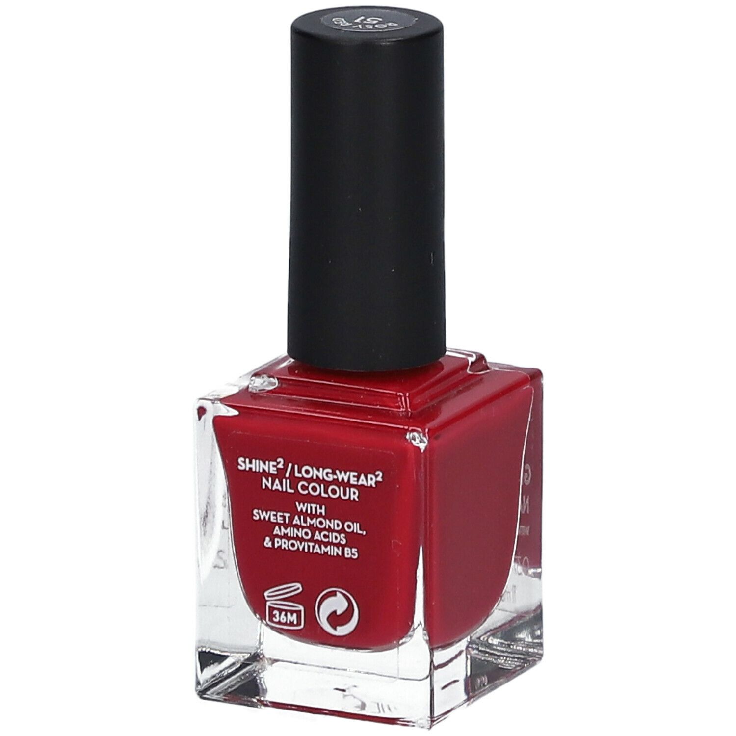 Vernis à ongles rouge en flacon carré en verre avec bouchon noir. Inscription : Shine2/Long-wear Nail Colour.