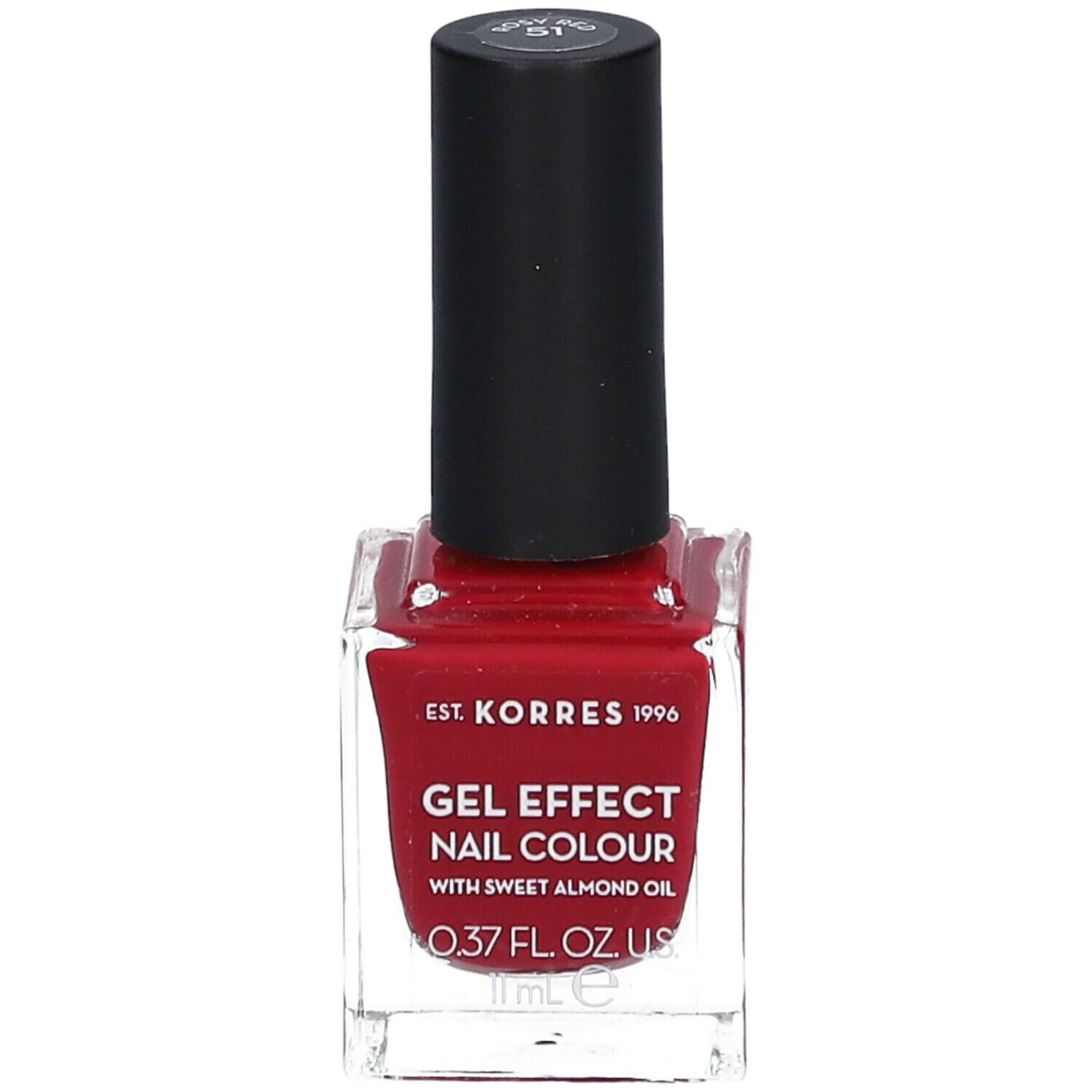 Vernis à ongles rouge en flacon carré en verre avec bouchon noir. Inscription : Gel Effect Nail Colour.