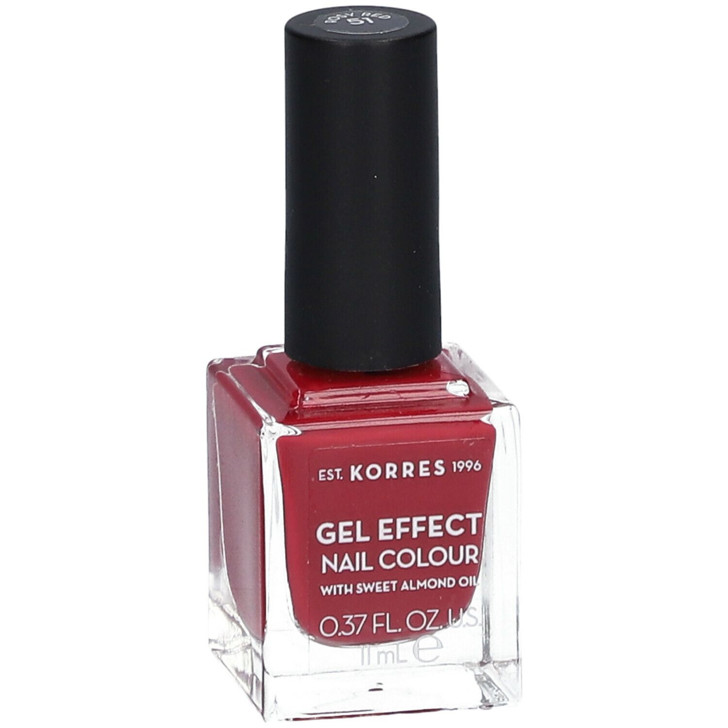 Vernis à ongles rouge en flacon carré en verre avec bouchon noir. Inscription : Gel Effect Nail Colour.