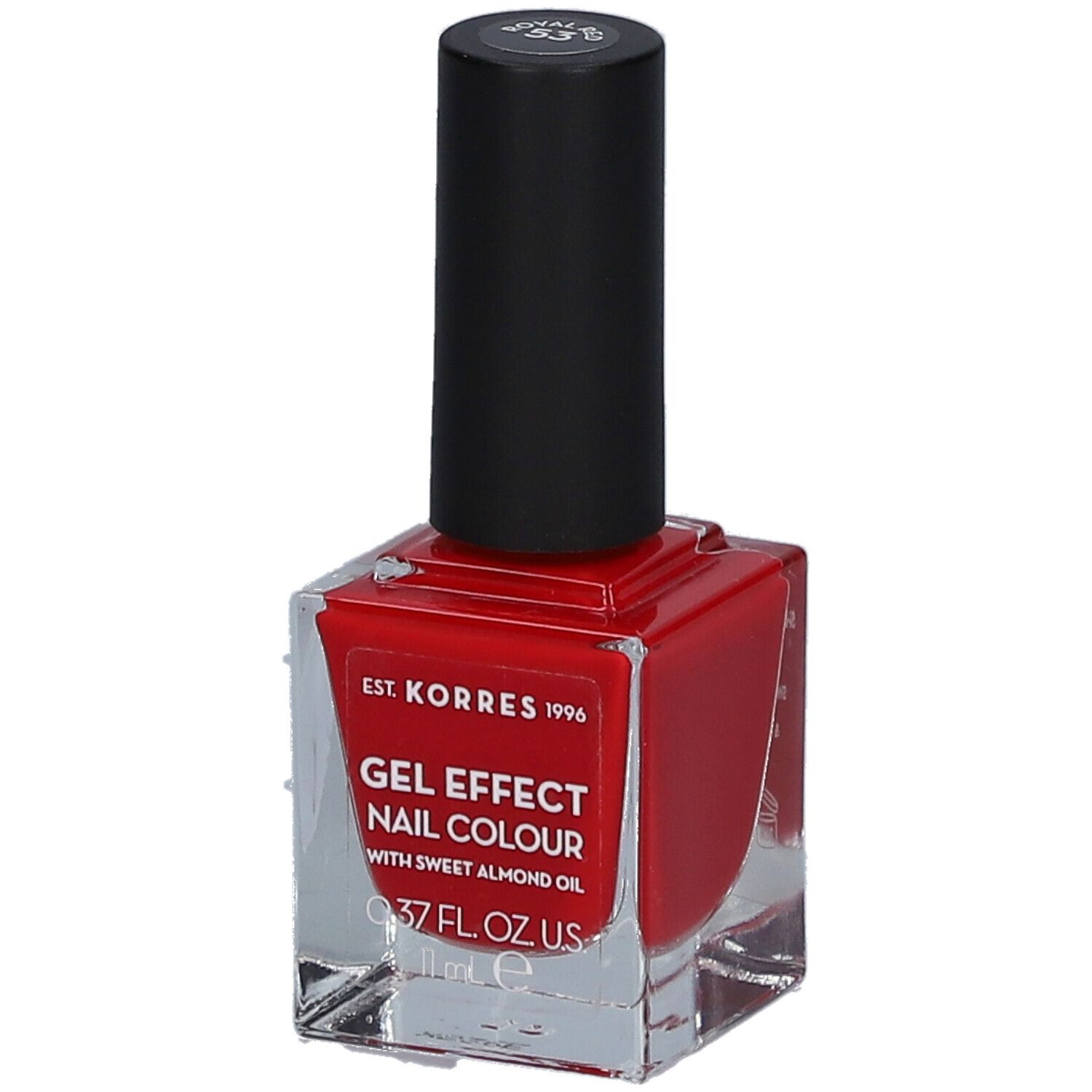 Vernis à ongles rouge en flacon carré en verre avec bouchon noir. Inscription : Gel Effect Nail Colour.