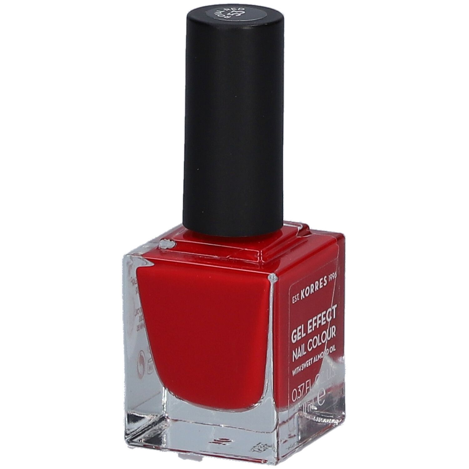 Vernis à ongles rouge en flacon carré en verre avec bouchon noir. Inscription : Gel Effect Nail Colour.