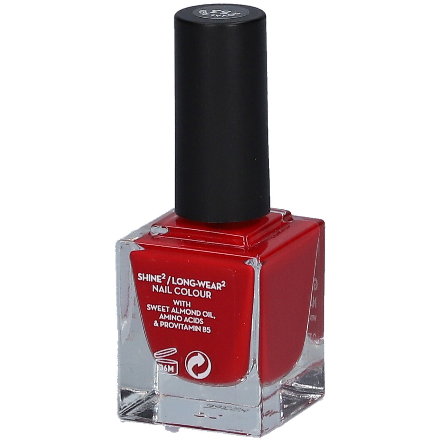 Vernis à ongles rouge en flacon carré en verre avec bouchon noir. Inscription : Shine/Long-wear Nail Colour.