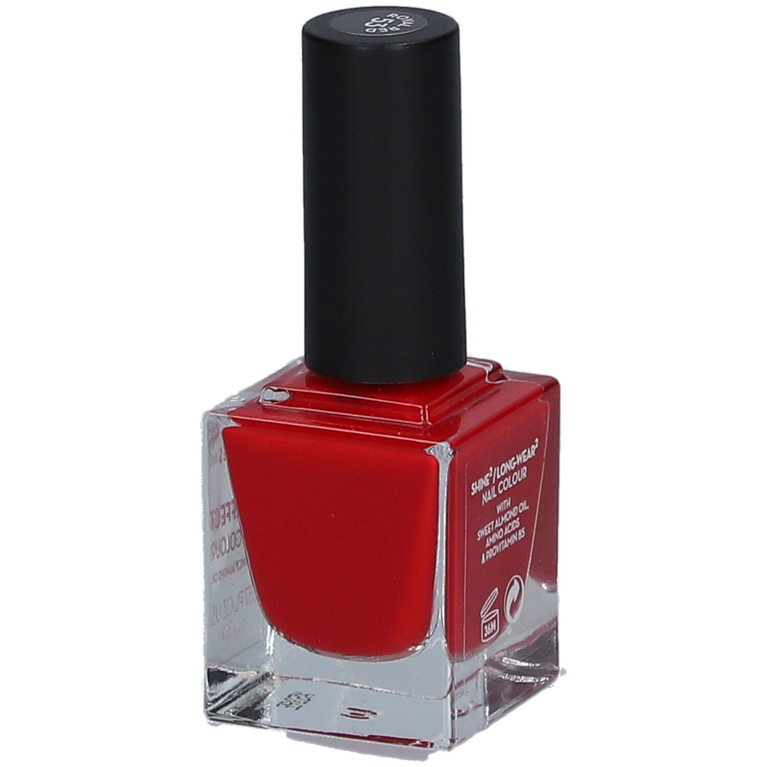 Vernis à ongles rouge en flacon carré en verre avec bouchon noir. Inscription : Shine/Long-wear Nail Colour.