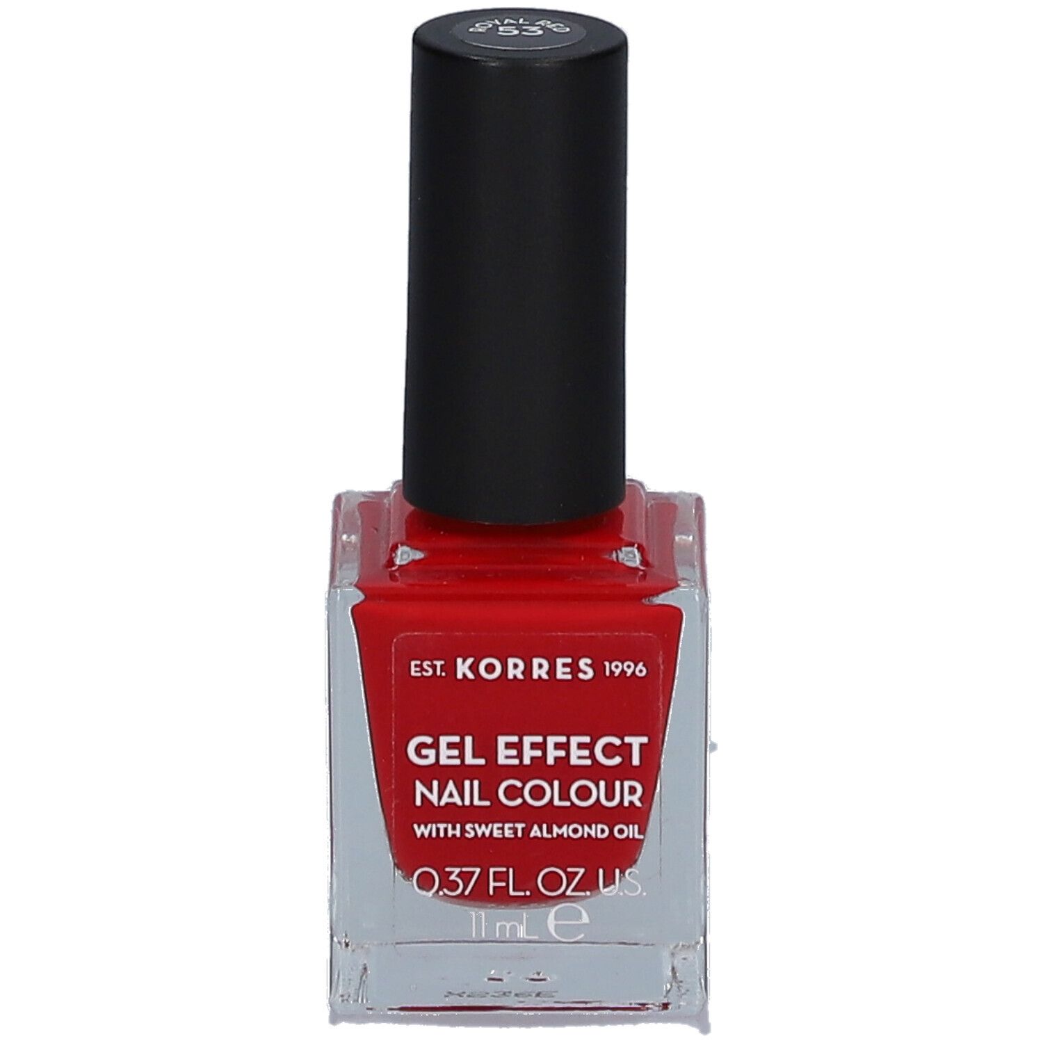 Vernis à ongles rouge en flacon carré en verre avec bouchon noir. Inscription : Gel Effect Nail Colour.