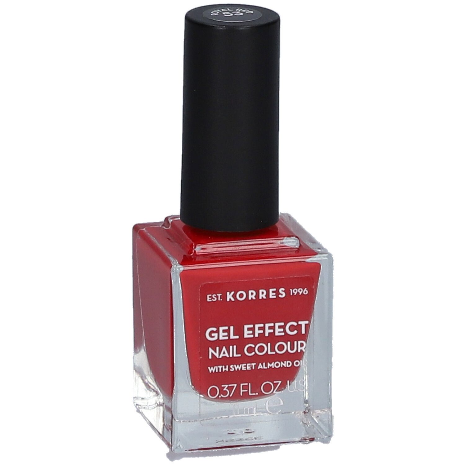 Vernis à ongles rouge en flacon carré en verre avec bouchon noir. Inscription : Gel Effect Nail Colour.