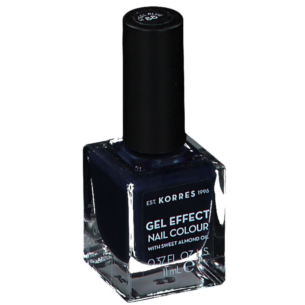 Vernis à ongles bleu foncé en flacon carré en verre avec bouchon noir. Inscription : Gel Effect Nail Colour.