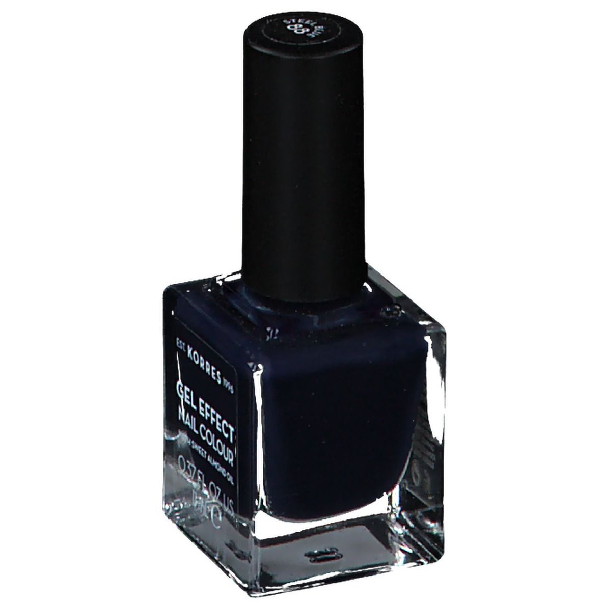 Vernis à ongles bleu foncé en flacon carré en verre avec bouchon noir. Inscription : Gel Effect Nail Colour.