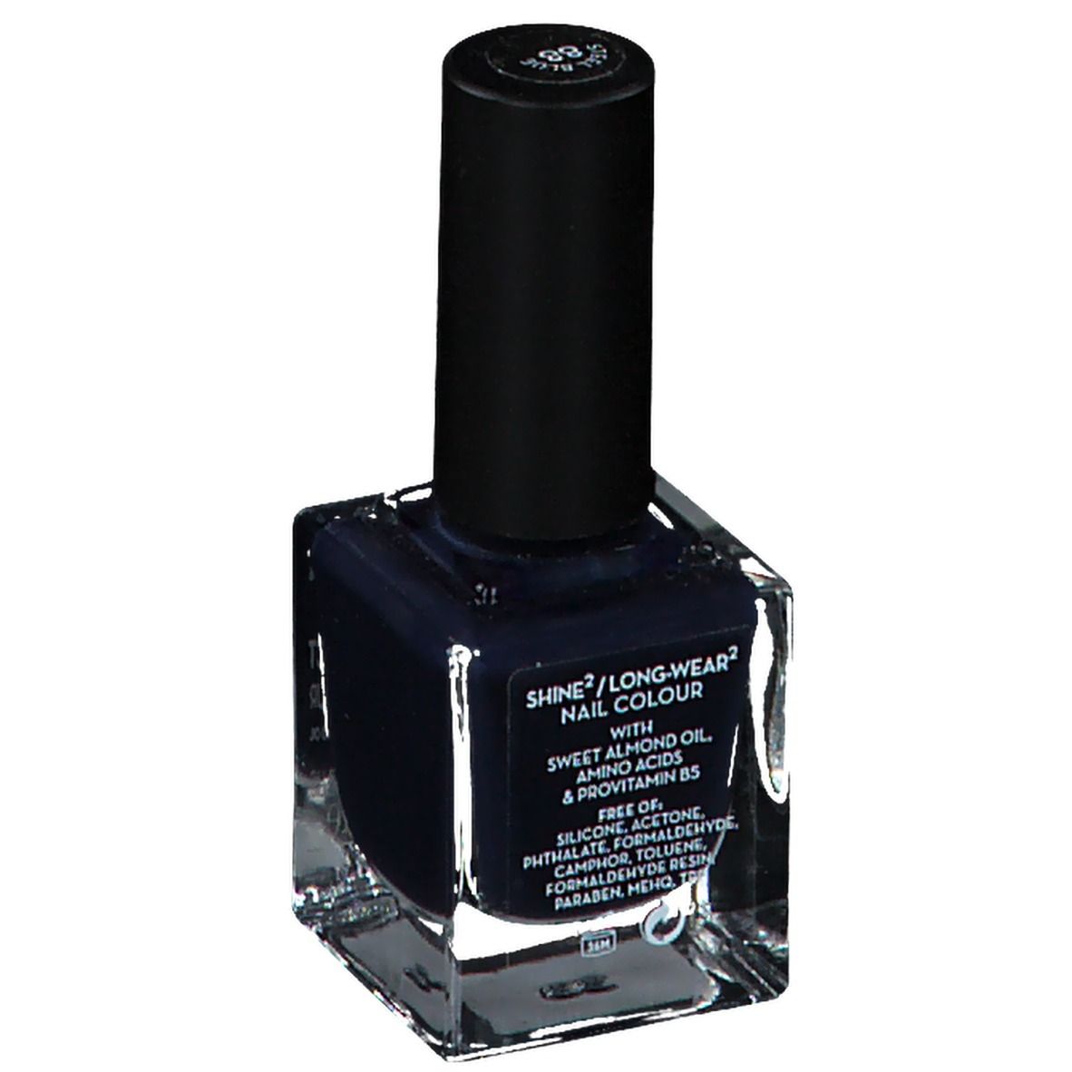 Vernis à ongles bleu foncé en flacon carré en verre avec bouchon noir. Inscription : Shine/Longwear Nail Colour.
