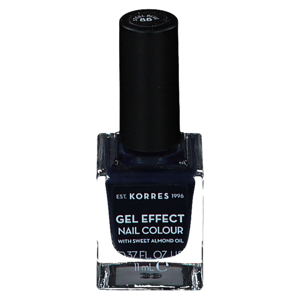 Vernis à ongles bleu foncé en flacon carré en verre avec bouchon noir. Inscription : Gel Effect Nail Colour.