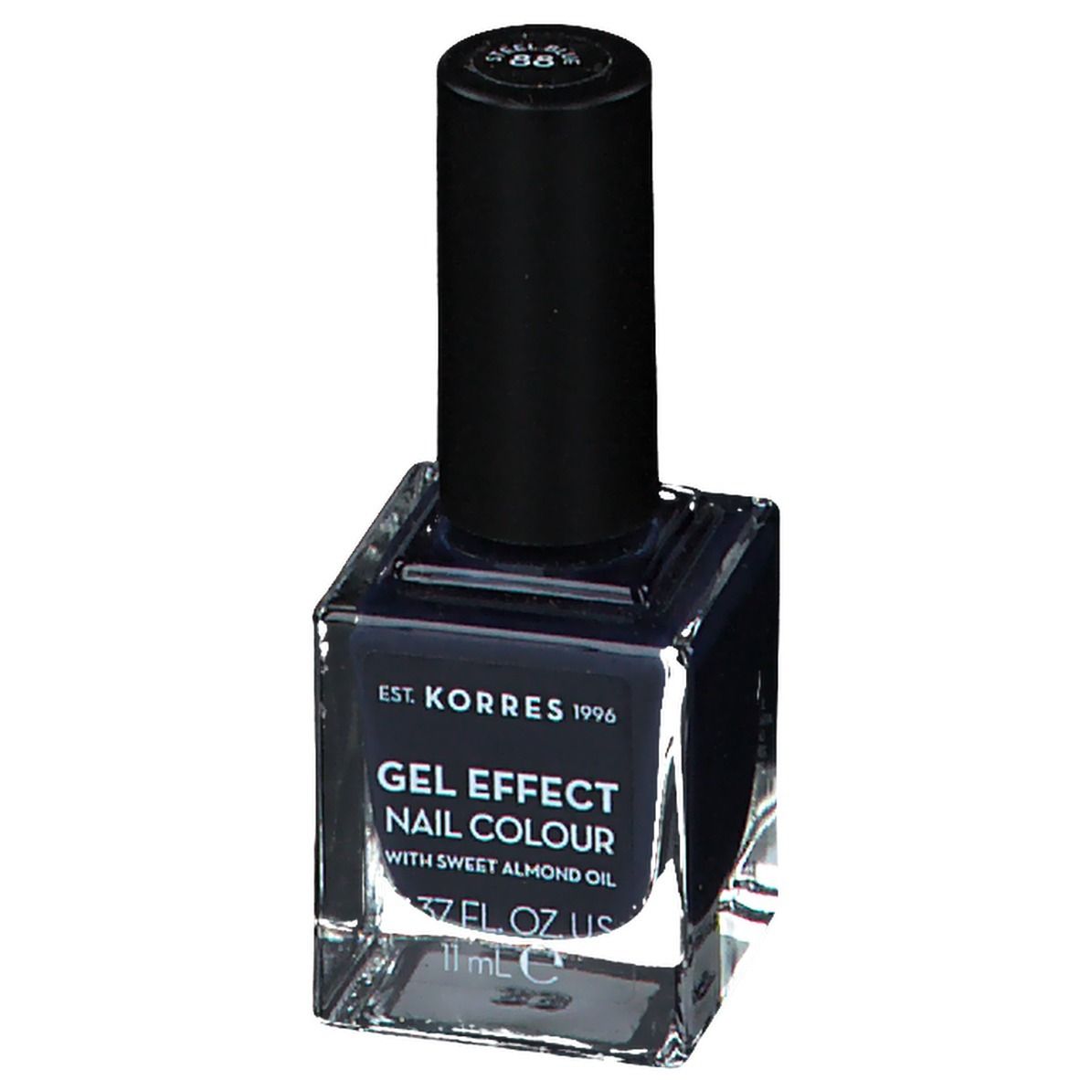 Vernis à ongles bleu foncé en flacon carré en verre avec bouchon noir. Inscription : Gel Effect Nail Colour.