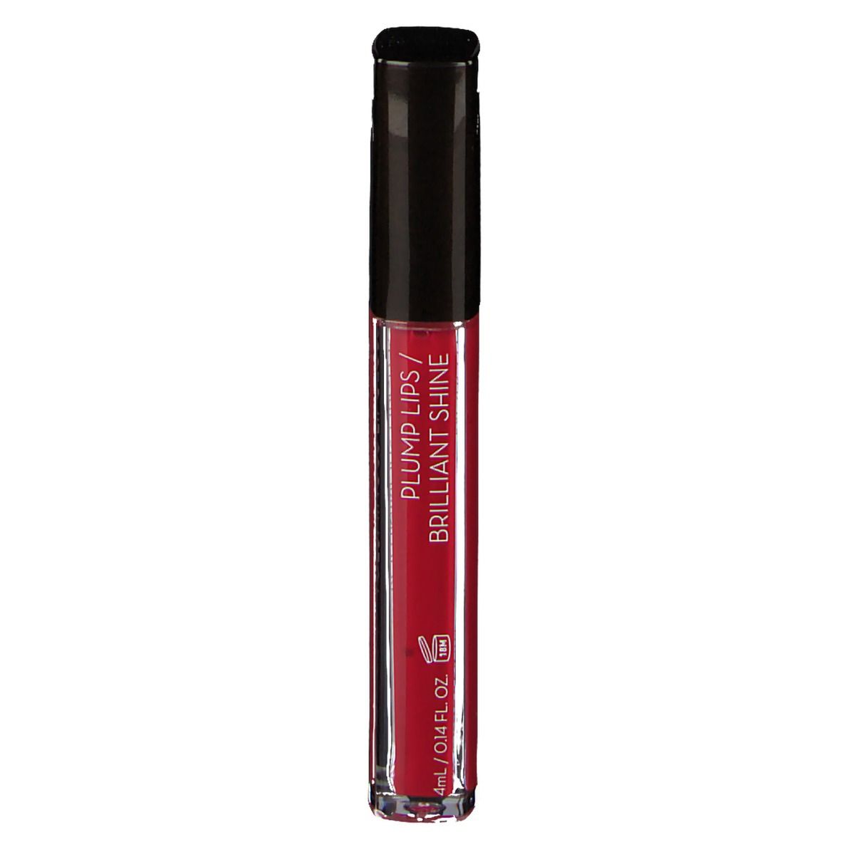 Gloss à lèvres rouge avec bouchon noir. Inscription : Plump Lips / Brilliant Shine. Volume : 4ml / 0.14 fl. oz.
