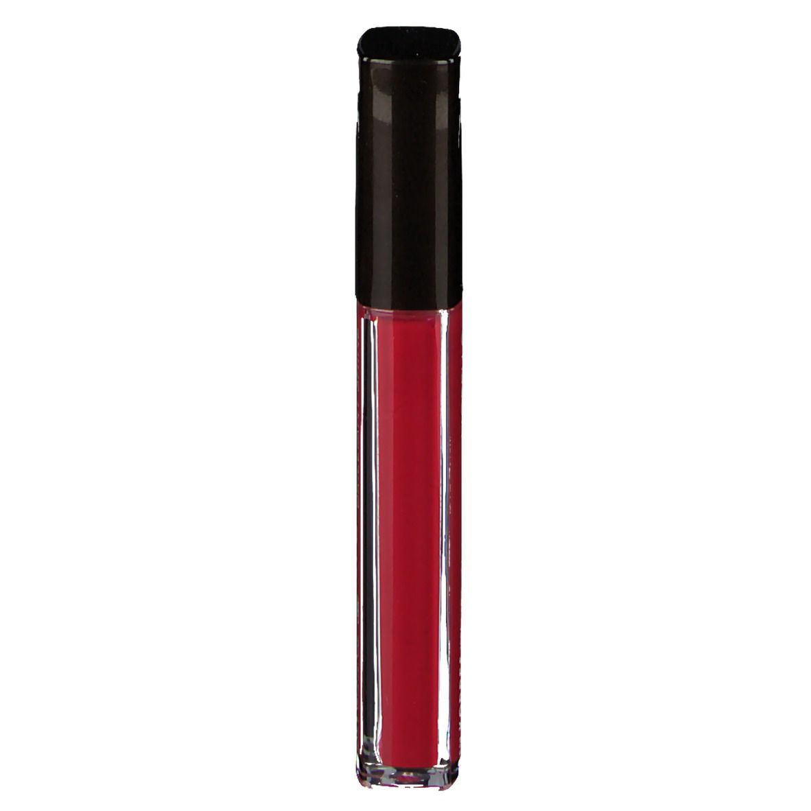Gloss à lèvres rouge avec bouchon noir. Boîtier transparent. Aucune autre inscription visible.