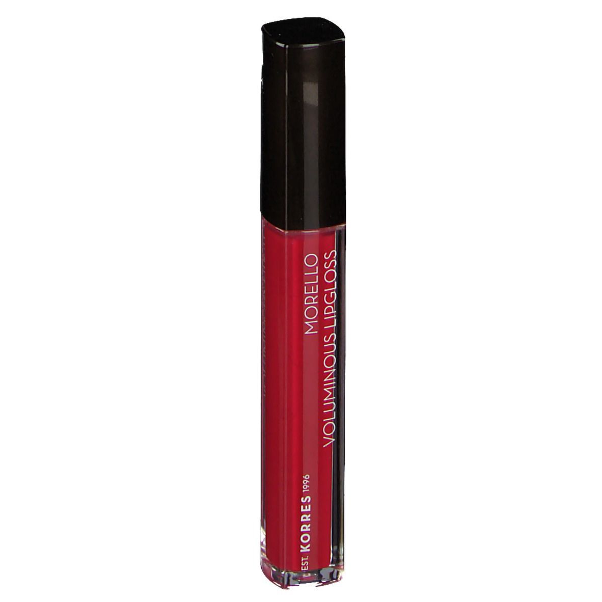 Gloss à lèvres rouge avec bouchon noir. Inscription : Morello Voluminous Lipgloss. Marque : KORRES 1996.