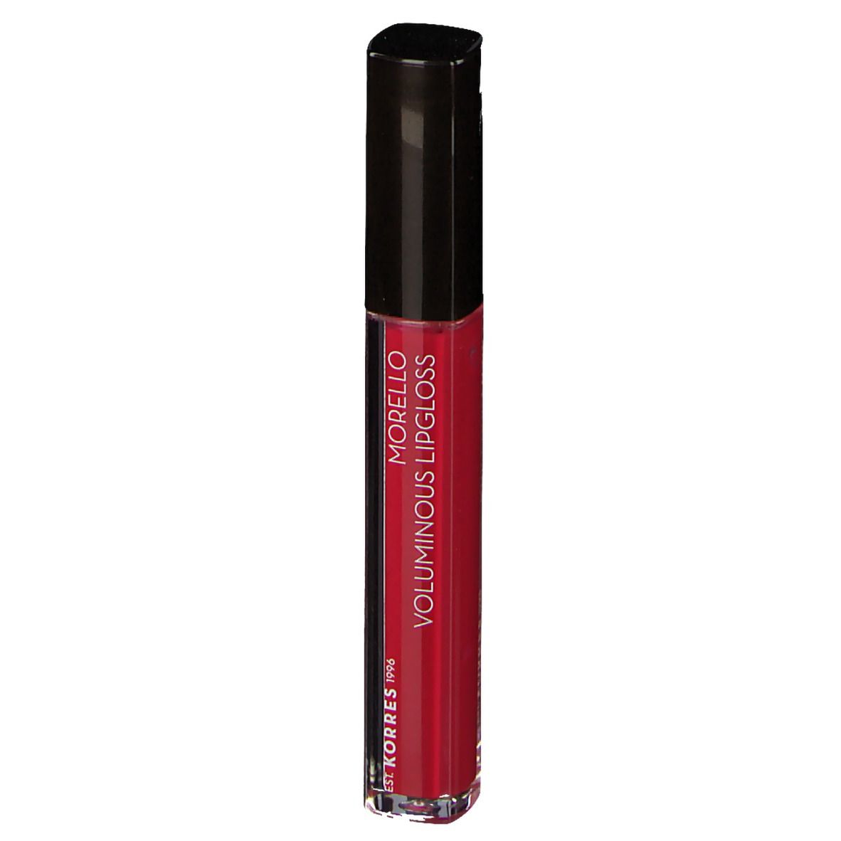 Gloss à lèvres rouge avec bouchon noir. Inscription : Morello Voluminous Lipgloss. Marque : KORRES 1996.