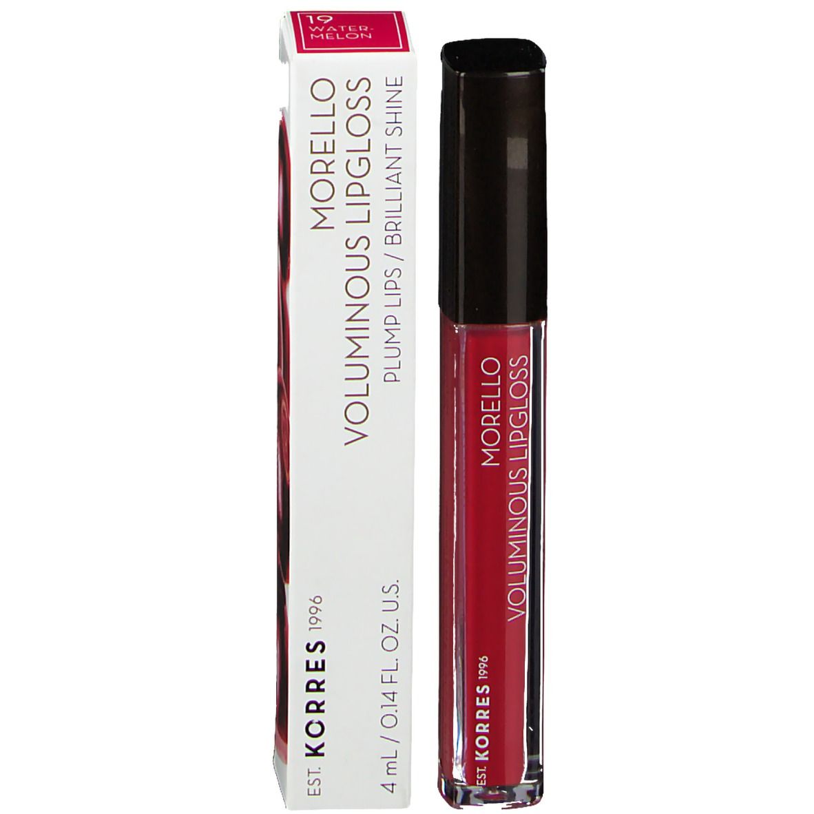 Gloss à lèvres avec emballage. Inscription : Morello Voluminous Lipgloss, Water Melon. Marque : KORRES 1996. Volume : 4ml.