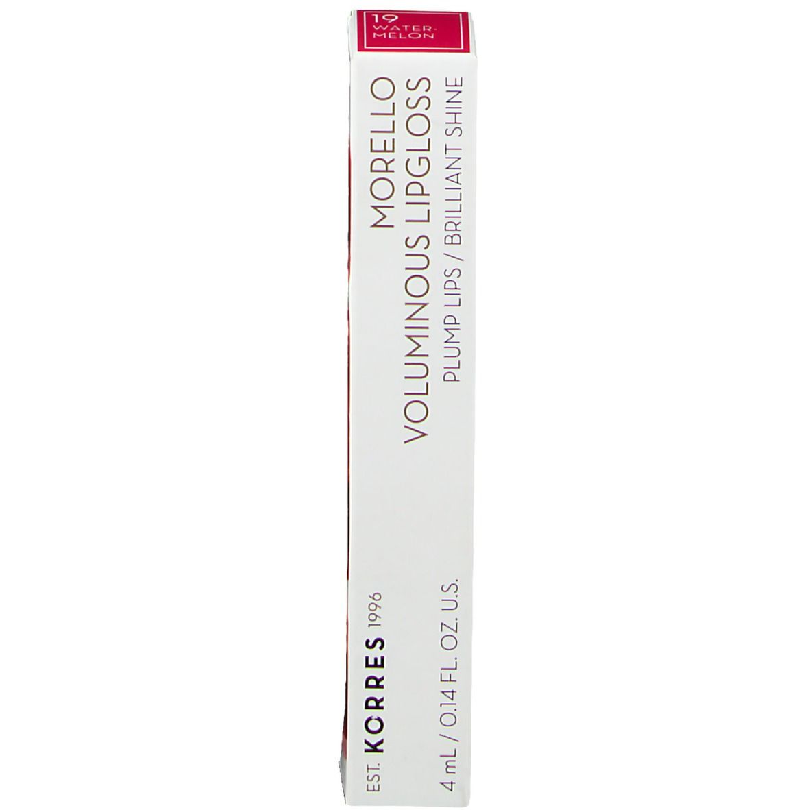 Emballage de gloss à lèvres. Inscription : Morello Voluminous Lipgloss, Water Melon. Marque : KORRES 1996. Volume : 4ml.