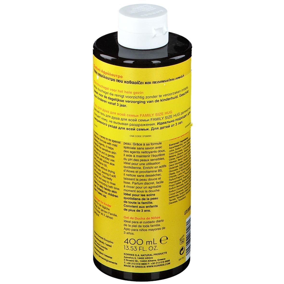 KORRES® Family Size Duschgel. Rückseite der Flasche mit Text in mehreren Sprachen. 400 ml.