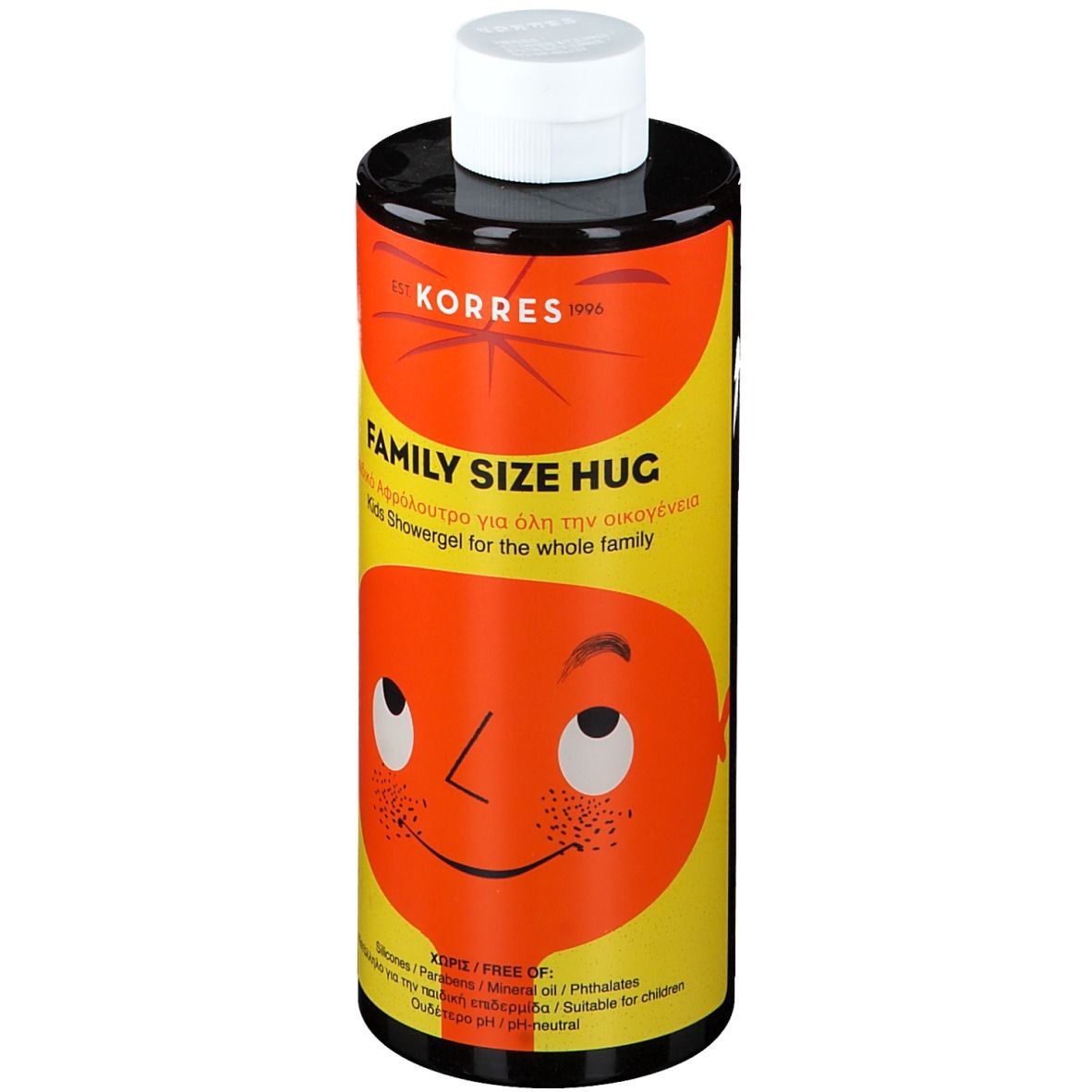 KORRES® Family Size Duschgel. Gelbe Flasche mit rotem Design und Gesicht. Aufschrift: FAMILY SIZE HUG.
