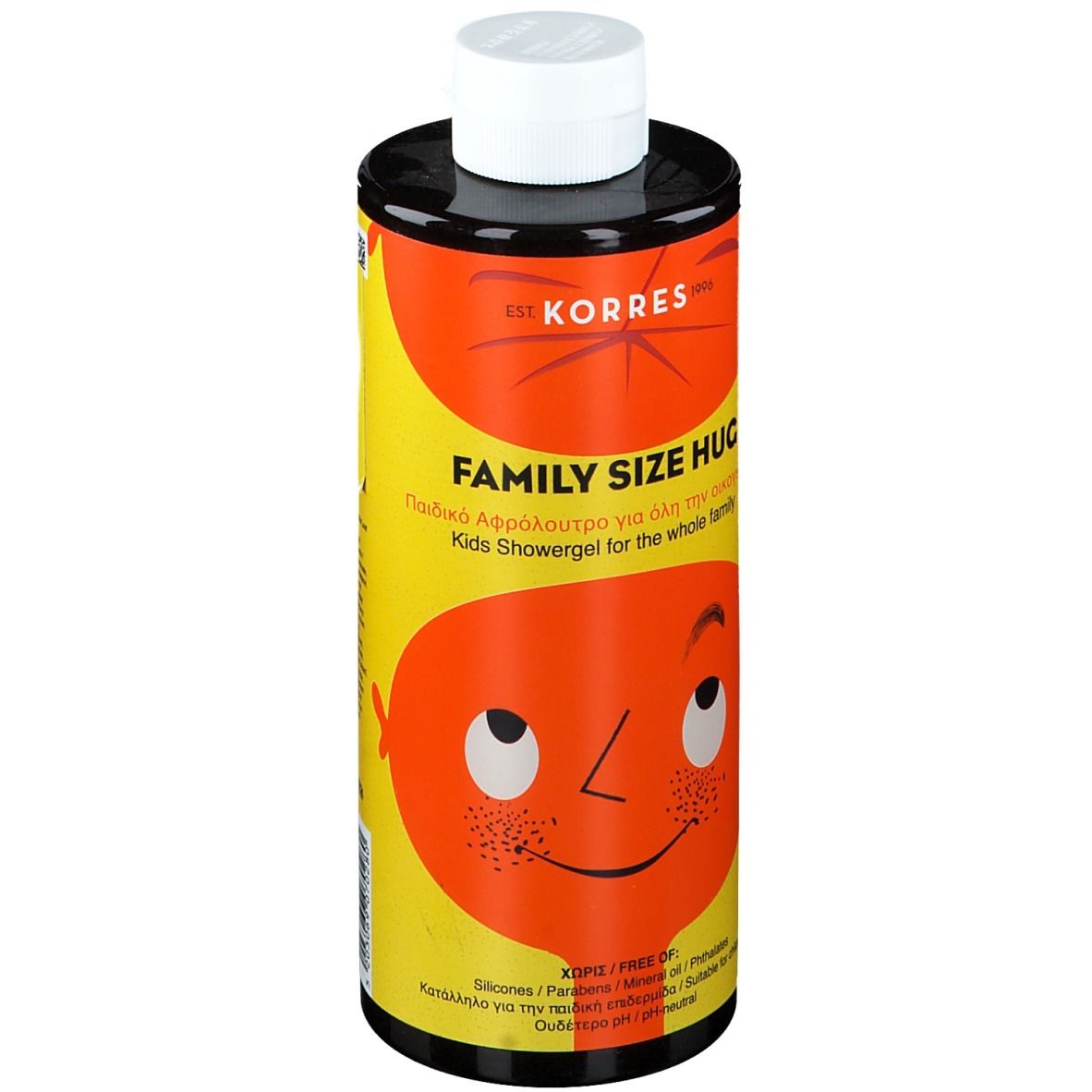KORRES® Family Size Duschgel. Gelbe Flasche mit rotem Design und Gesicht. Aufschrift: FAMILY SIZE HUG.