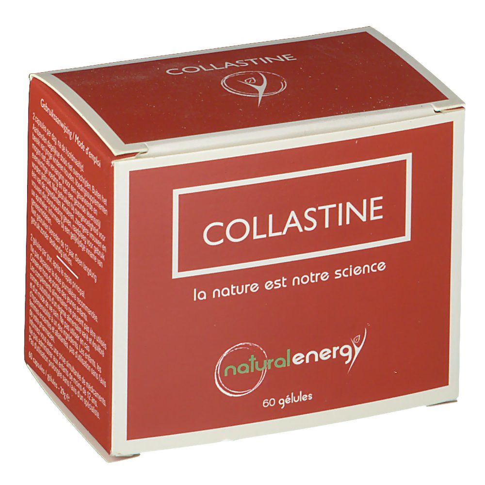 Rode doos "COLLASTINE". Logo "natural energy". 60 capsules. Tekst: "la nature est notre science".