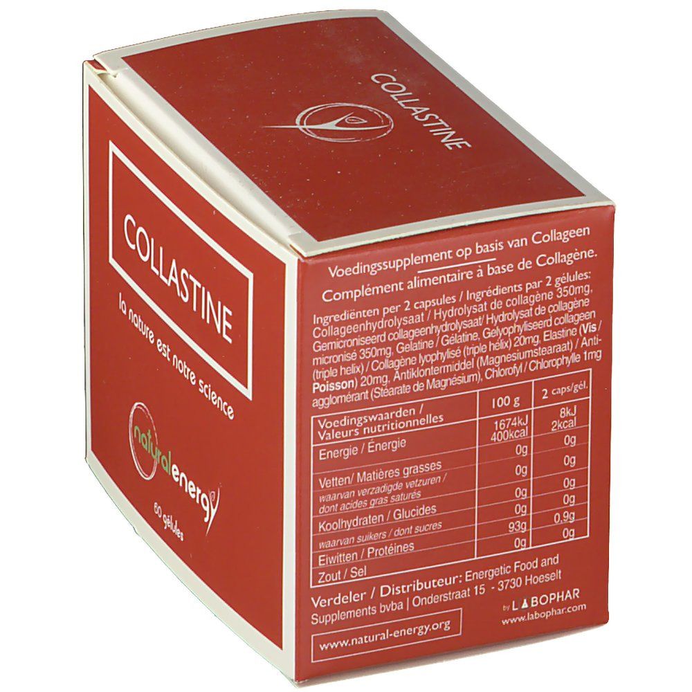 Rode doos "COLLASTINE". Logo "natural energy". Voedingswaarde en ingrediënten. Tekst in het Nederlands.