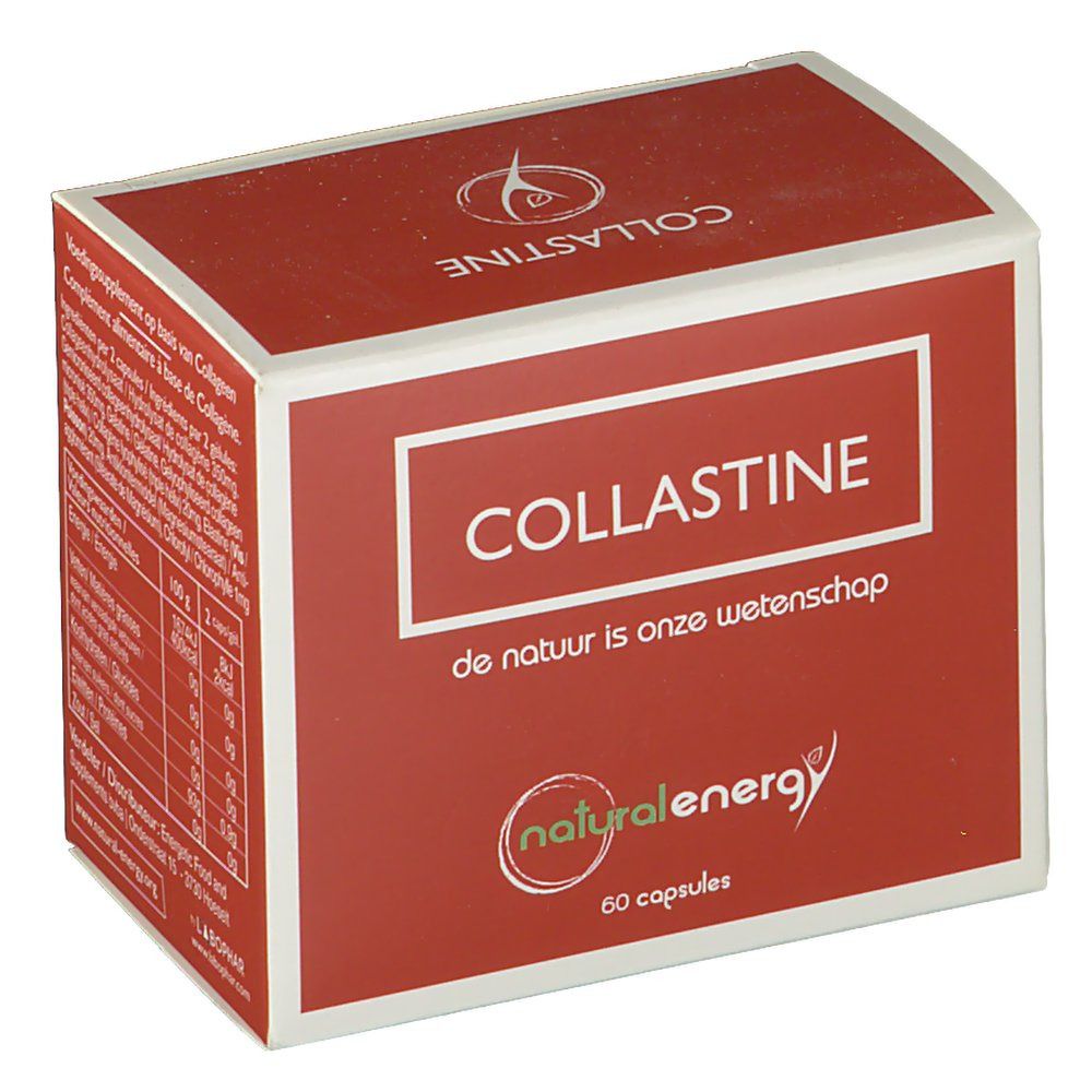 Rode doos "COLLASTINE". Logo "natural energy". 60 capsules. Tekst: "de natuur is onze wetenschap".