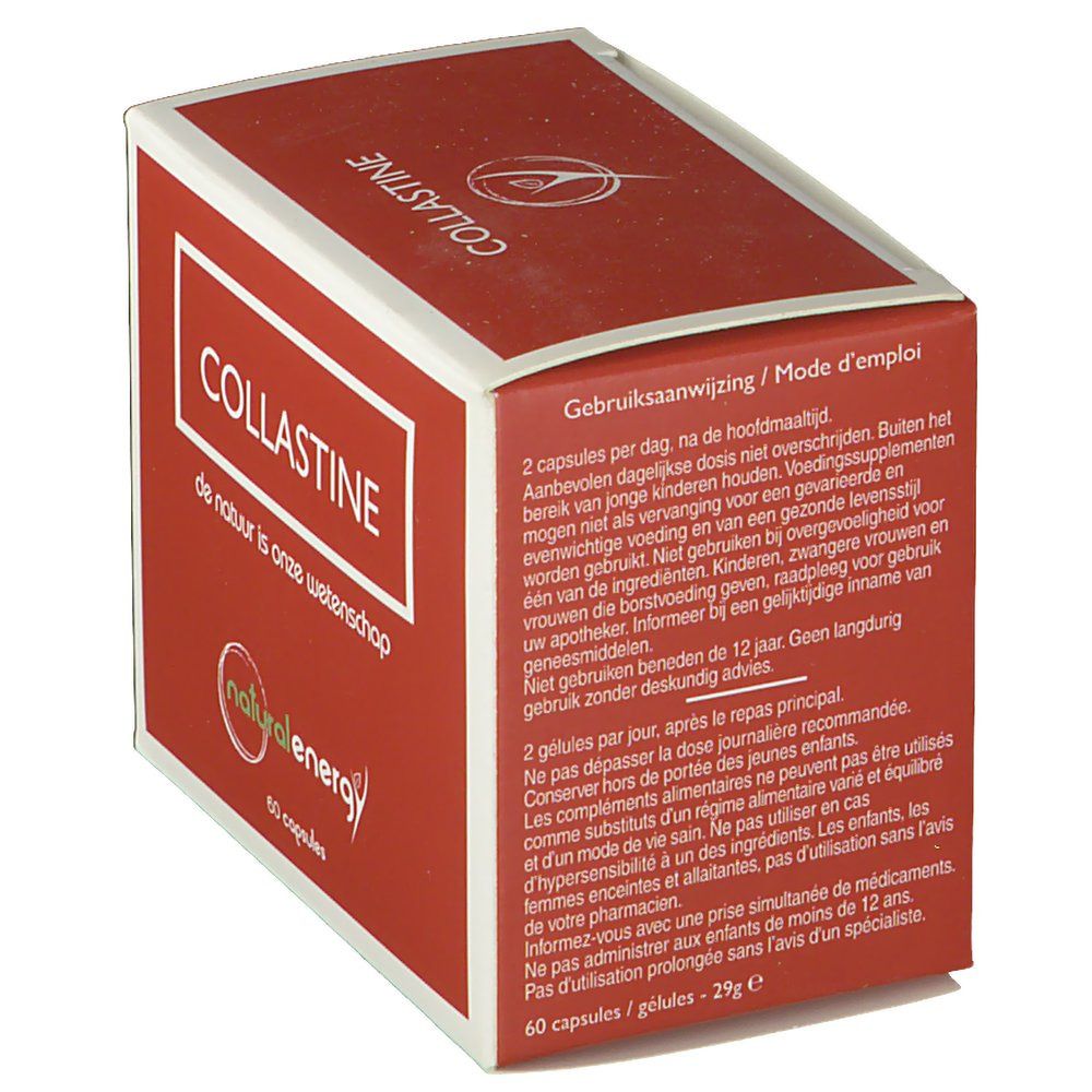 Rode doos "COLLASTINE". Logo "natural energy". Gebruiksaanwijzing. Tekst in het Nederlands en Frans.