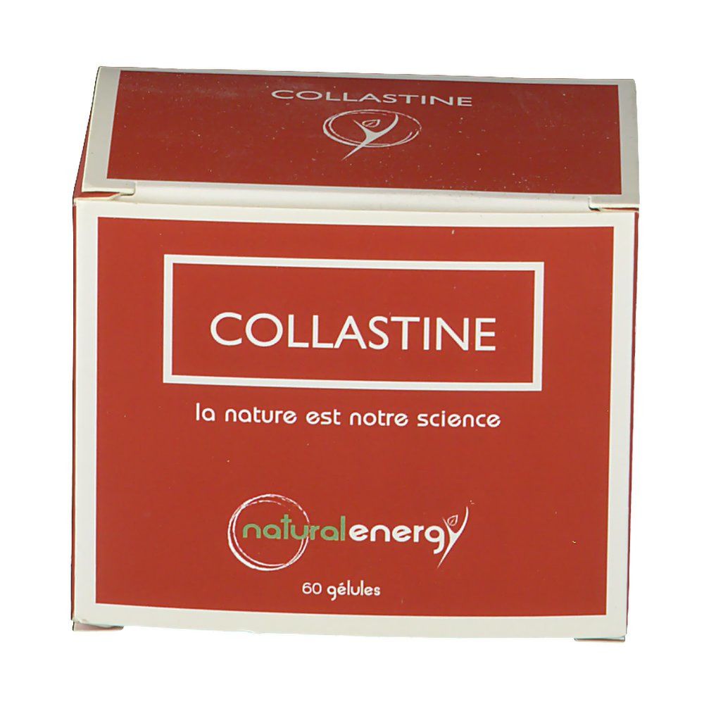 Rode doos "COLLASTINE". Logo "natural energy". 60 capsules. Tekst: "la nature est notre science".