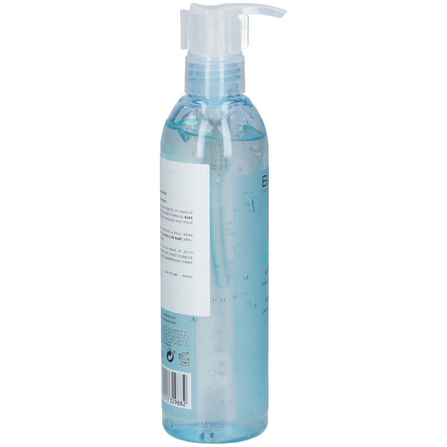 Gel micellaire BABÉ. Dos du flacon. Flacon transparent avec gel bleu. Étiquette avec texte.